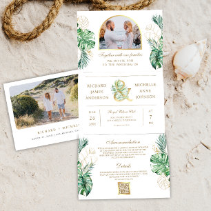 Tropical Gold Monstera Palm Foto QR Code Hochzeit Dreifach Gefaltete Einladung