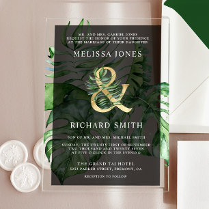 Tropical Gold Monstera Palm Schwarze Hochzeit  Acryleinladungen