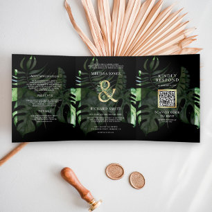 Tropical Gold Monstera Palm Schwarzer QR-Code Hoch Dreifach Gefaltete Einladung