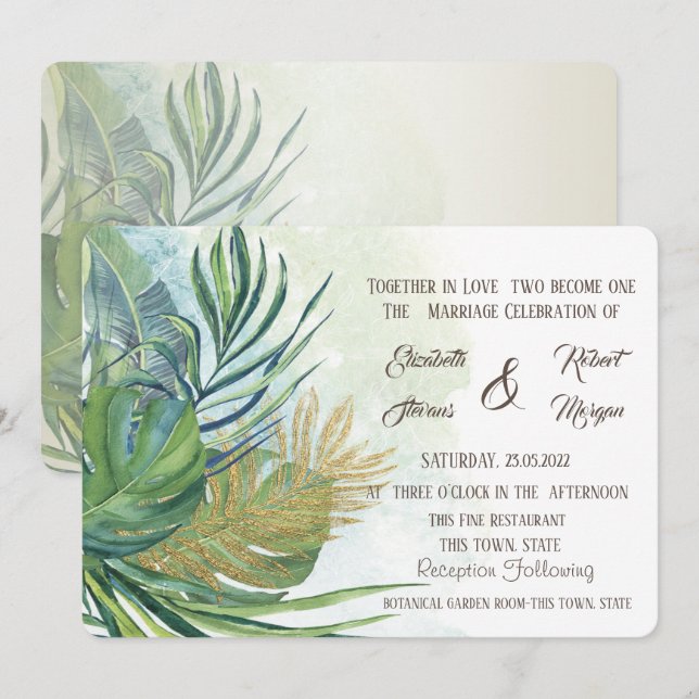 Tropical Gold Palm Blätter Summer Wedding I Einladung (Vorne/Hinten)