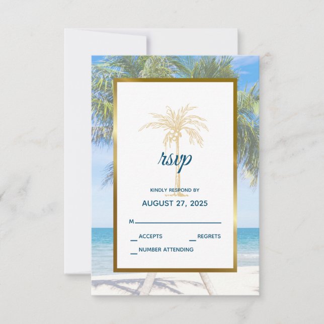 Tropical Gold Palm Tree Beach Foto Hochzeit RSVP Karte (Vorderseite)