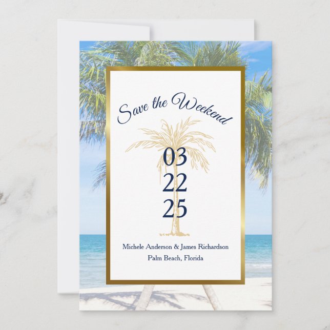 Tropical Gold Palm Tree Beach Foto Hochzeit Save The Date (Vorderseite)