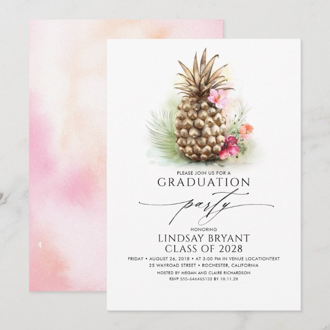 Tropical Gold Pineapass Beach Floral Abschluss Einladung (Vorne/Hinten)