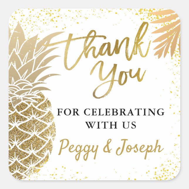 Tropical Gold Pineappel Beach Party Vielen Dank Quadratischer Aufkleber (Vorderseite)