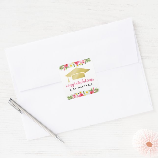 Tropical Gold Pink Floral Gratulationen Graduate Quadratischer Aufkleber (Umschlag)