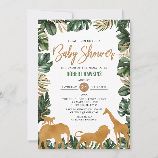 Tropical Gold Safari Animals Jungle Baby Dusche Einladung (Vorderseite)