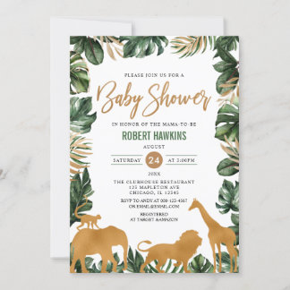 Tropical Gold Safari Animals Jungle Baby Dusche Einladung