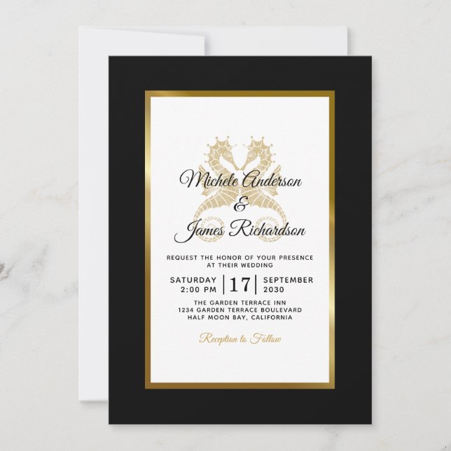 Tropical Gold Seepferde Elegante Hochzeit Einladung (Vorderseite)