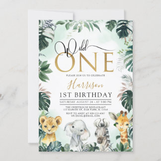 Tropical Gold Wild One Jungle Safari 1. Geburtstag Einladung