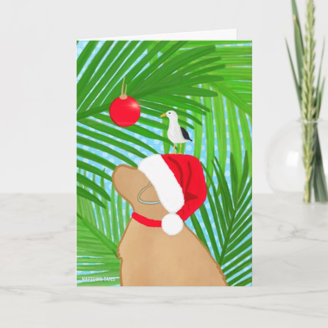 Tropical Golden Dog Santa Seagull Weihnachtskarte Dankeskarte (Vorderseite)