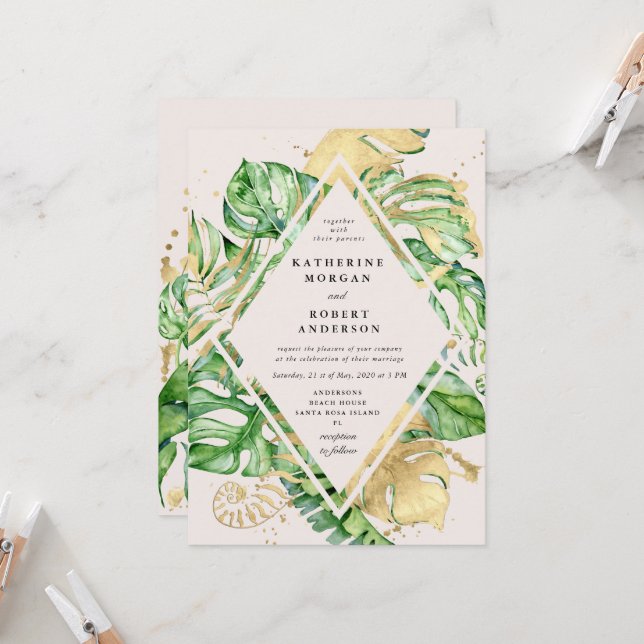 Tropical Golden Foliage Wedding Einladung (Vorderseite/Rückseite Beispiel)