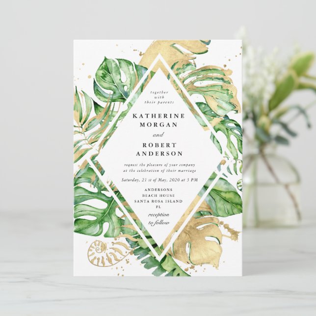Tropical Golden Foliage Wedding Einladung (Stehend Vorderseite)
