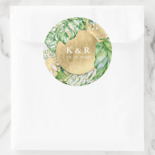 Tropical Golden Foliage Wedding Monogram Runder Aufkleber