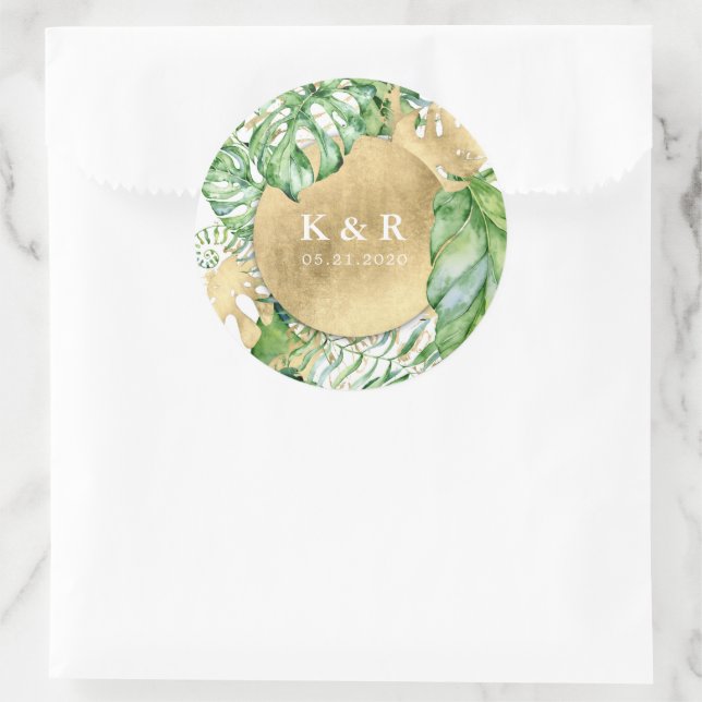 Tropical Golden Foliage Wedding Monogram Runder Aufkleber (Tasche)