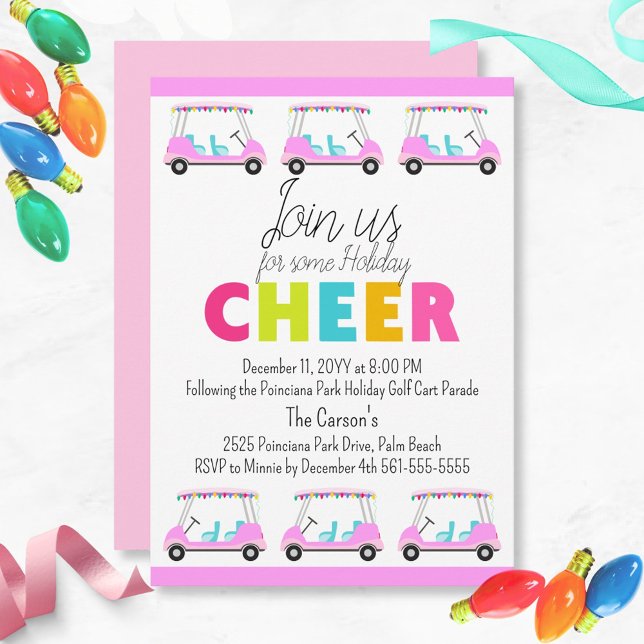 Tropical Golf Cart Parade Einladung (Fun Pink Holiday Golf Cart Parade Party Invitation. Holiday Cheer in tropical style)