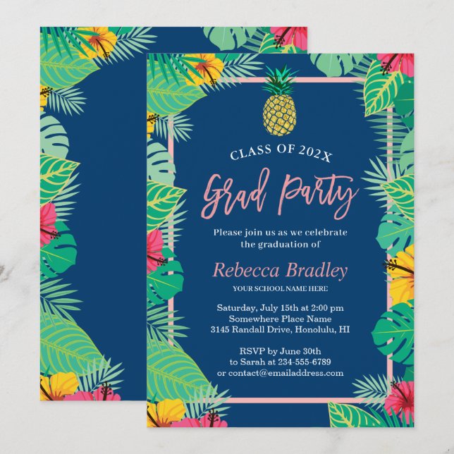 Tropical Graduation Party Navy Blue Gold Ananas Einladung (Vorne/Hinten)