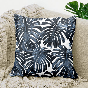 Tropical Gray Blue White Monstera Dschungel Blätte Kissen