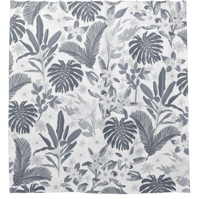Tropical Gray Foliage Floral White Muster Duschvorhang (Vorderseite)