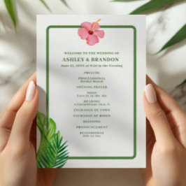 Tropical Green and Pink Flower Coastal Wedding Programm