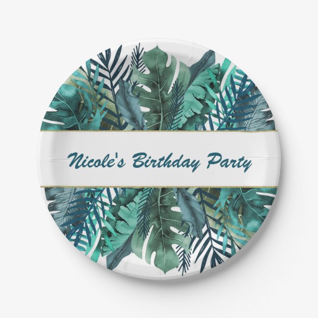 Tropical Green Aquamarin Blätter Elegante White We Pappteller (Vorderseite)