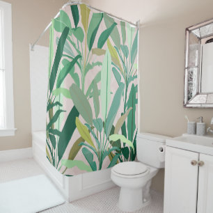 Tropical Green Banana Leaves Pink Pattern Duschvorhang