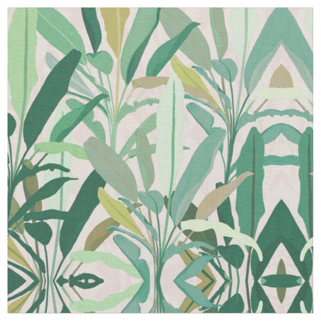 Tropical Green Banana Leaves Pink Pattern Stoff (Nahaufnahme)