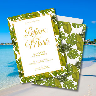 Tropical Green Blätter Gold Hochzeit in Urlaubsort Einladung