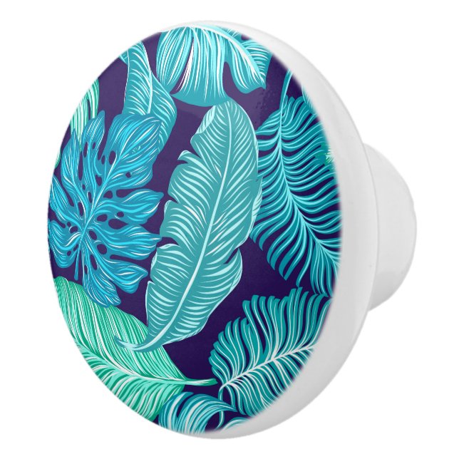 Tropical Green Blue Blätter Muster Keramikknauf (Rechts)