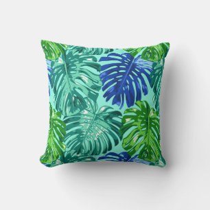Tropical Green Cyan Monstera Dschungel Blätter Kissen
