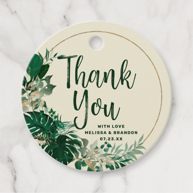 Tropical Green & Gold Circle Wreath Vielen Dank Geschenkanhänger (Vorderseite)