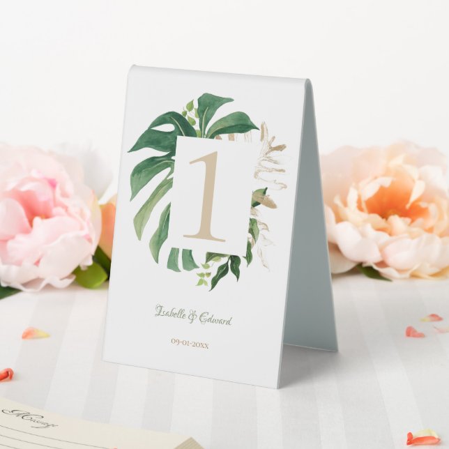 Tropical Green Gold Monstera Blätter Hochzeit Tischaufsteller (In Situ (Hochzeit))