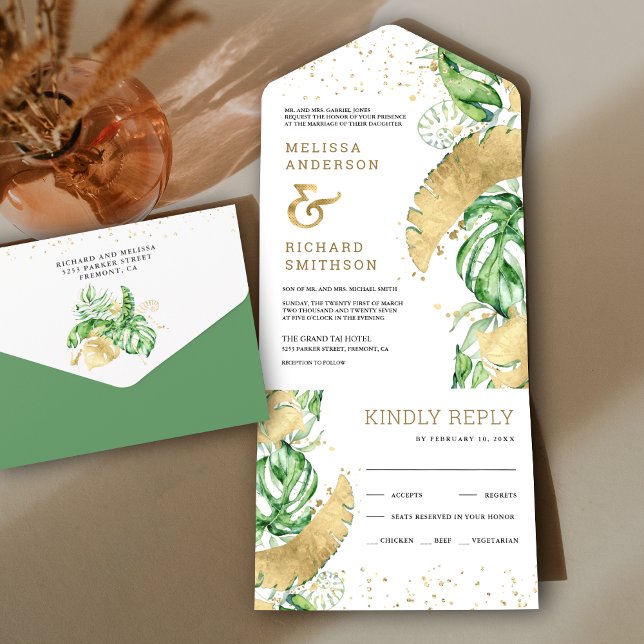 Tropical Green Gold Monstera Palm Leaves Wedding All In One Einladung (Von Creator hochgeladen)