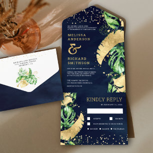 Tropical Green Gold Monstera Palm Navy Hochzeit All In One Einladung