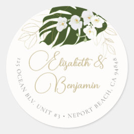 Tropical Green Gold Orchids Elegante Hochzeit Runder Aufkleber