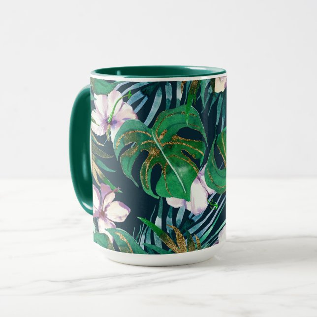 Tropical Green Lilac Gold Monster Blätter Bläserne Tasse (Vorderseite Links)