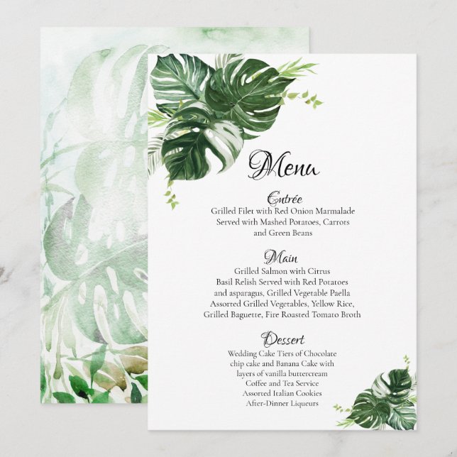 Tropical Green Monstera Blätter Wedding Menükarte (Vorne/Hinten)