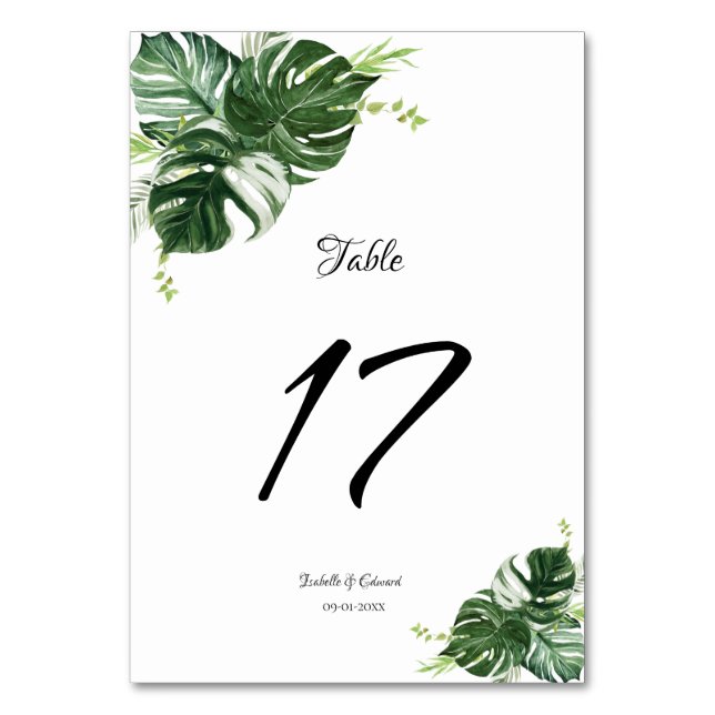 Tropical Green Monstera Blätter Wedding Tischnummer (Vorderseite)
