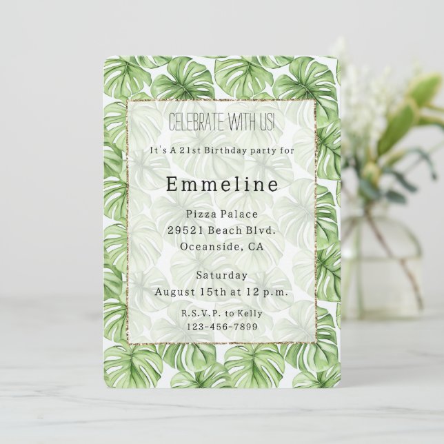Tropical Green Palm Blätter Geburtstag Einladung (Stehend Vorderseite)