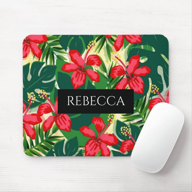 Tropical Green Palm Blätter Monogram farbenfroh Mousepad (Mit Mouse)