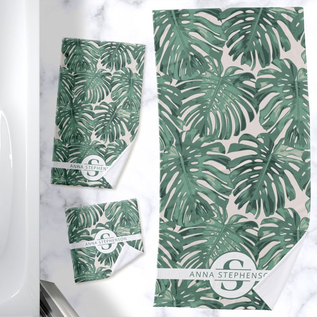 Tropical Green Palm Feuilles Nom du monogramme (Bath towel set with green monstera leaves and monogram)