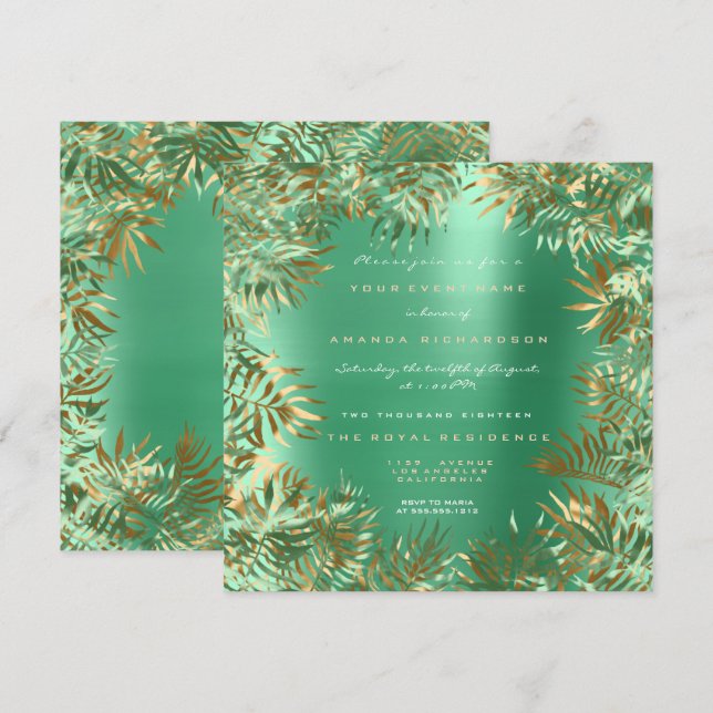 Tropical Green Palm Leaf Rahmen Metallic Mint Gold Einladung (Vorne/Hinten)