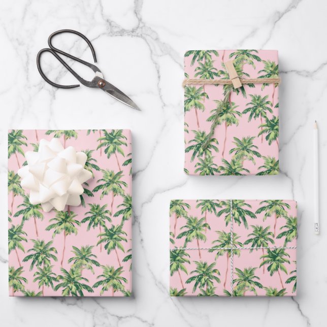 Tropical Green Palm Trees on Pink Geschenkpapier Set (Vorderseite)