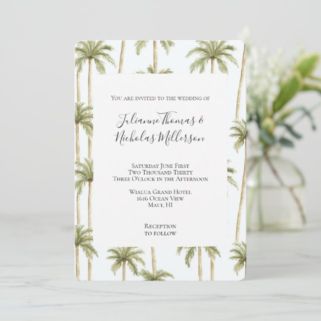 Tropical Green Palm Trees Wedding Einladung (Stehend Vorderseite)