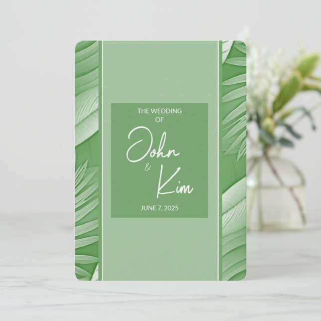 Tropical Green Thema Hochzeit Einladung (Stehend Vorderseite)