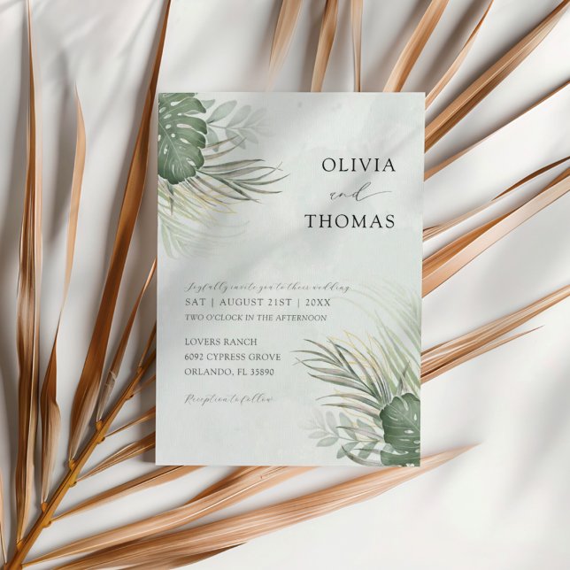 Tropical Green Watercolor Palm Leaves Wedding Einladung (Von Creator hochgeladen)