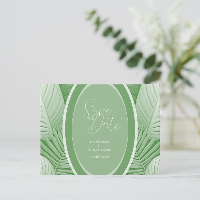 Tropical Green Wedding Announcement Postcard Ankündigungspostkarte (Stehend Vorderseite)