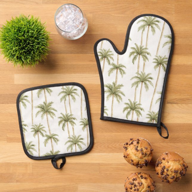 Tropical Green White Palm Trees Ofenhandschuh & Topflappen-Set (Oben Unten)