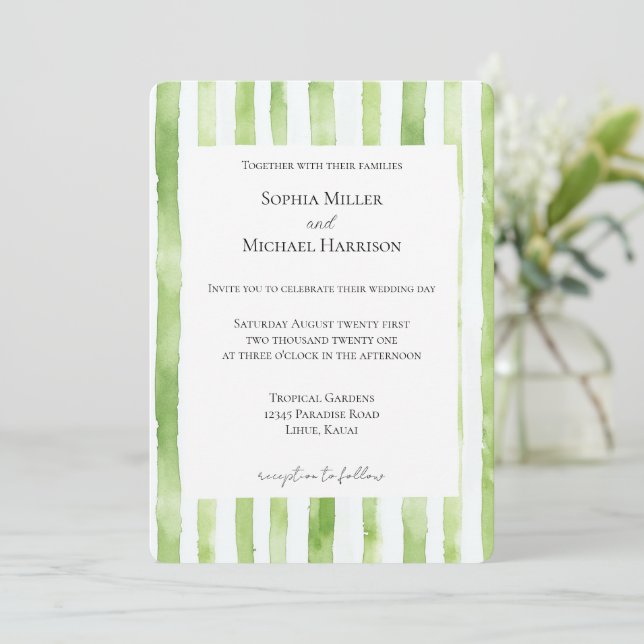 Tropical Green White Stripes Wedding Einladung (Stehend Vorderseite)