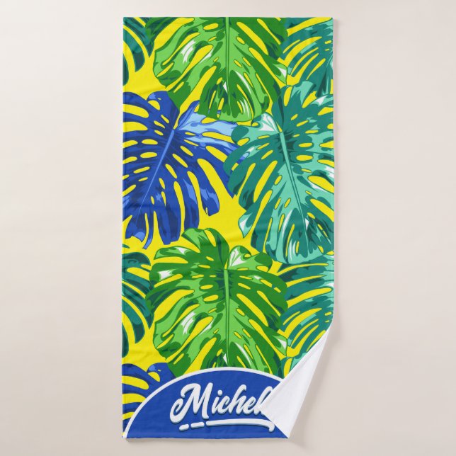 Tropical Green Yellow Jungle Leaves Name Badehandtuch (Badehandtuch)