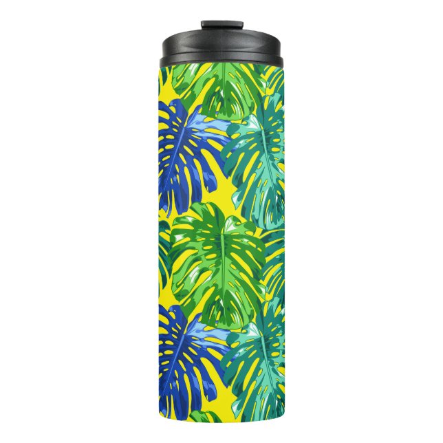 Tropical Green Yellow Monstera Dschungel Blätter Thermosbecher (Vorderseite)